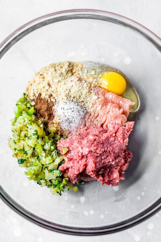 These easy Swedish meatballs are a lighter version of the classic, but they have the same cozy, comforting flavor and creaminess you love! Ingredients for Swedish meatballs in bowl before mixing.