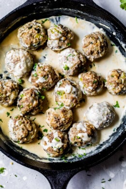 Skillet of creamy Swedish meatballs.