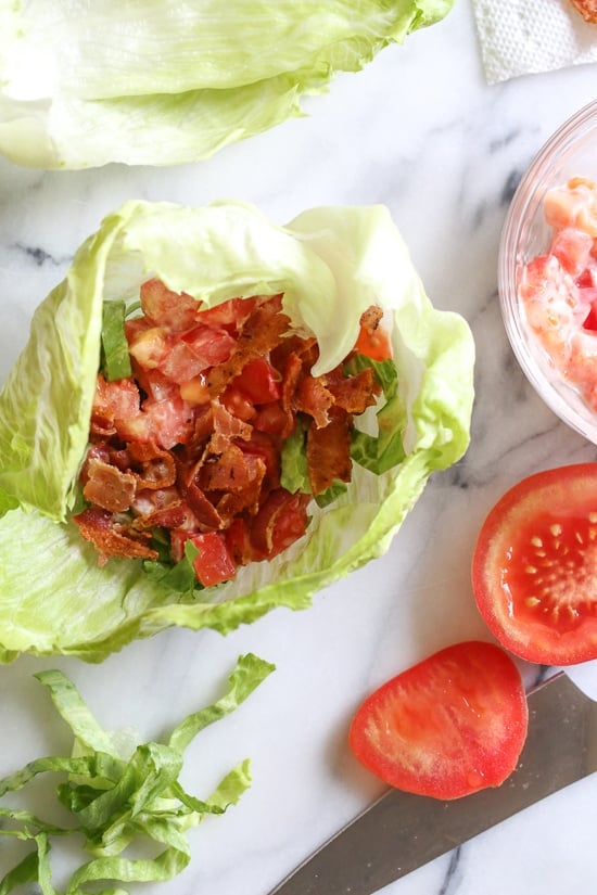 Skip the bread and enjoy all the flavors you love in a BLT, without all the carbs in these easy lettuce wraps! So easy and seriously satisfies my BLT cravings. Add some avocado if you wish!