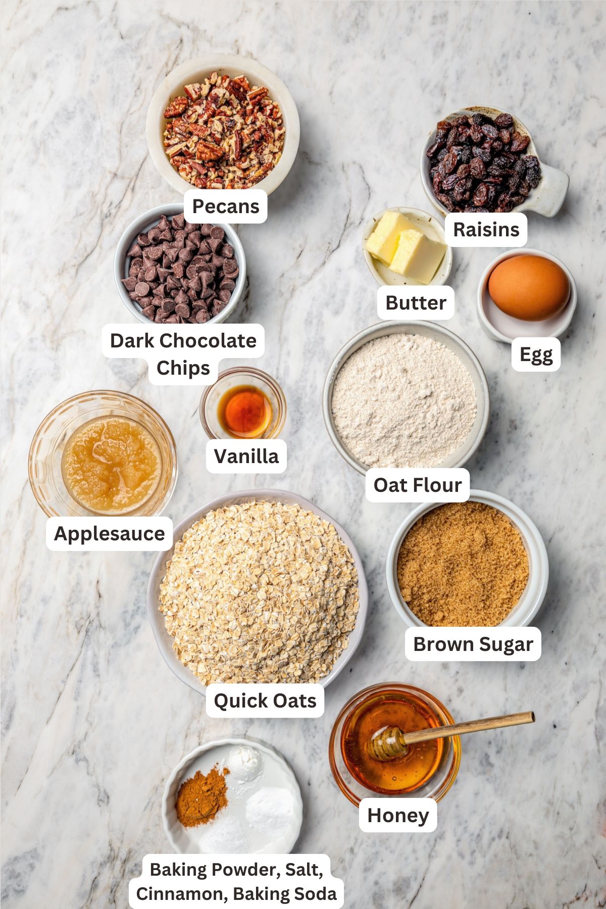 Ingredients for chewy granola bars with labels.