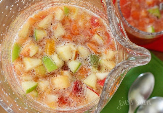 Salpicón is a fresh homemade Colombian fruit beverage. It's served cold and loaded with chopped fruit such as watermelon, papaya, strawberries, pineapple, oranges, apples, bananas and carbonated soda.