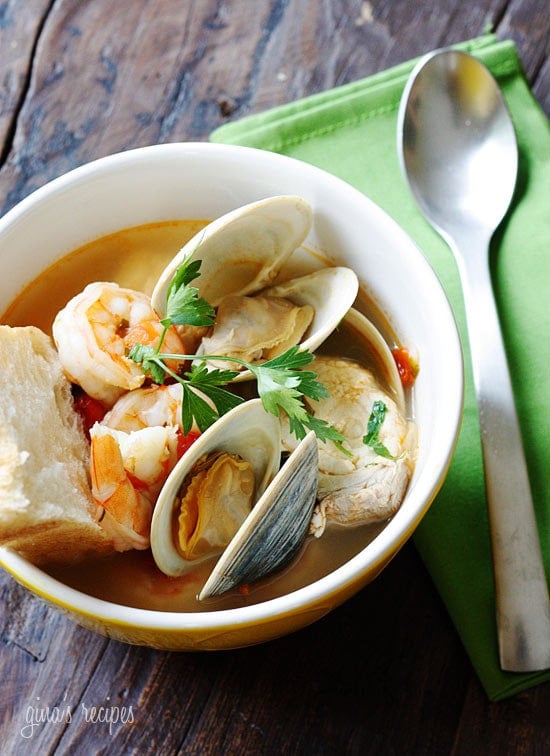 A great tasting hearty seafood and shellfish soup made with halibut, littleneck clams and shrimp. Serve this with a crusty piece of bread and you have yourself a complete meal.
