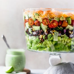 Mexican Shrimp Cobb Salad in a trifle dish.