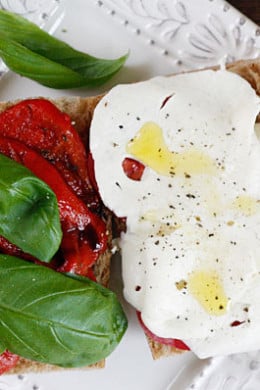 Rustic whole wheat Italian bread, fresh mozzarella, summer tomatoes, basil and balsamic vinegar. My favorite meatless sandwich!
