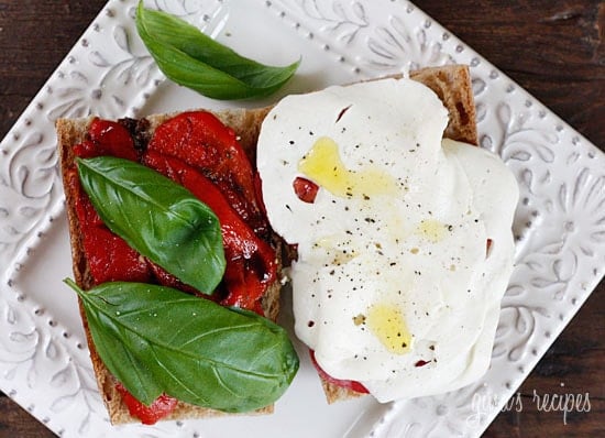 Rustic whole wheat Italian bread, fresh mozzarella, summer tomatoes, basil and balsamic vinegar. My favorite meatless sandwich!