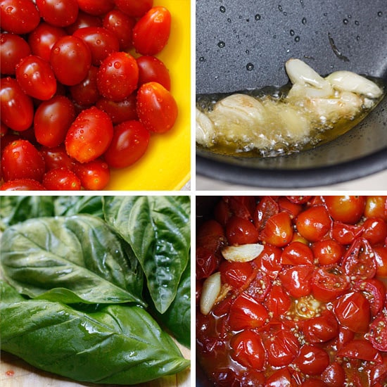 Grape tomatoes, garlic cooking in olive oil, basil leaves, cooked grape tomatoes with garlic