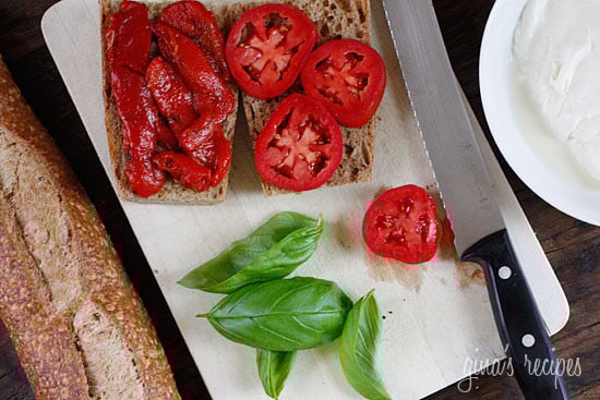 Rustic whole wheat Italian bread, fresh mozzarella, summer tomatoes, basil and balsamic vinegar. My favorite meatless sandwich!