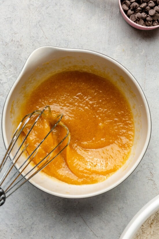 Cookie wet ingredients mixed in a bowl