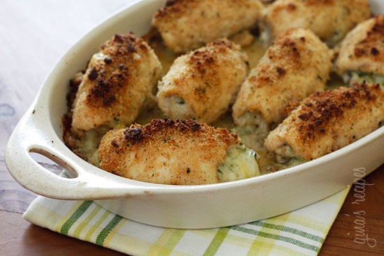 Chicken breast stuffed with shredded zucchini, garlic and mozzarella cheese, rolled then dipped in oil and fresh lemon juice, breaded and baked to perfection!