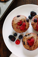 Fresh raspberries, strawberries, blueberries and blackberries baked in low-fat whole wheat muffins. Perfect for breakfast or to enjoy as a snack.