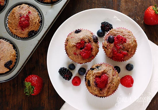 Fresh raspberries, strawberries, blueberries and blackberries baked in low-fat whole wheat muffins. Perfect for breakfast or to enjoy as a snack.
