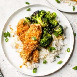 If you like the taste of sesame seeds as much as I do, you'll love these Sesame Encrusted Chicken Tenders coated with sesame seeds, panko and a hint of soy sauce. Bake them or make them in the air fryer!