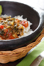 Sofrito Chicken Stew, skinless chicken drumsticks, slowly stewed in light beer, scallions, tomatoes, cilantro, peppers, garlic and spices.