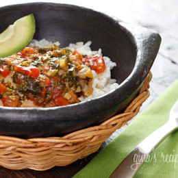 Sofrito Chicken Stew, skinless chicken drumsticks, slowly stewed in light beer, scallions, tomatoes, cilantro, peppers, garlic and spices.