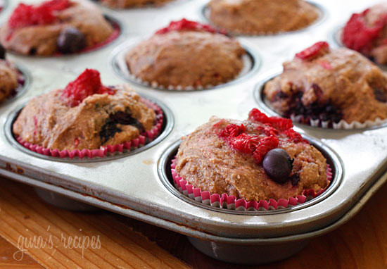 Fresh raspberries, strawberries, blueberries and blackberries baked in low-fat whole wheat muffins. Perfect for breakfast or to enjoy as a snack.
