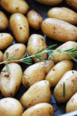 A quick, fabulous side dish made with teeny tiny mini potatoes and fresh garden herbs such as rosemary made on the stove or roasted on the grill. Minimal effort with excellent results.