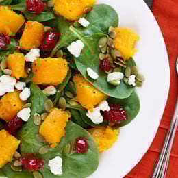 The sweet-salty combination of the roasted butternut squash, dried cherries and gorgonzola cheese along with the slight crunch of the pumpkin seeds topped with a honey dijon vinaigrette will have you savoring every bite of this spinach salad!