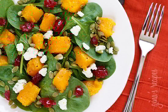 The sweet-salty combination of the roasted butternut squash, dried cherries and gorgonzola cheese along with the slight crunch of the pumpkin seeds topped with a honey dijon vinaigrette will have you savoring every bite of this spinach salad!