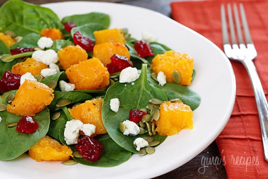 The sweet-salty combination of the roasted butternut squash, dried cherries and gorgonzola cheese along with the slight crunch of the pumpkin seeds topped with a honey dijon vinaigrette will have you savoring every bite of this spinach salad!