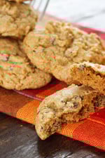 A fabulous Fall pumpkin spiced chocolate chip cookie! This is what happens when you take the Best Low Fat Chocolate Chip Cookie Recipe and swap out the apple sauce for pumpkin puree, then add lots of pumpkin pie spice!