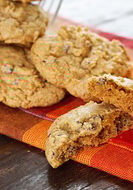 A fabulous Fall pumpkin spiced chocolate chip cookie! This is what happens when you take the Best Low Fat Chocolate Chip Cookie Recipe and swap out the apple sauce for pumpkin puree, then add lots of pumpkin pie spice!