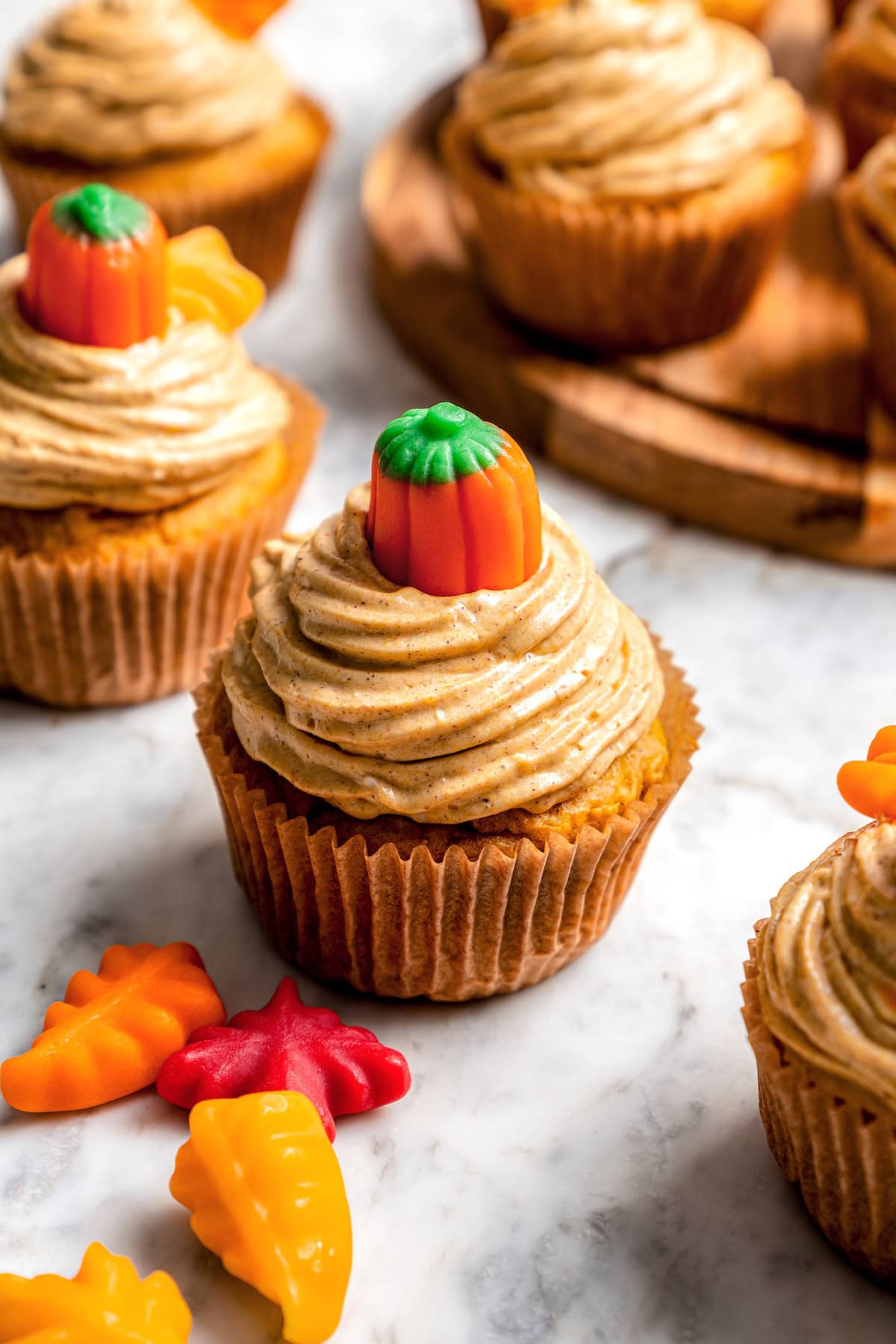 Lightened up pumpkin cupcake with pumpkin cream cheese frosting
