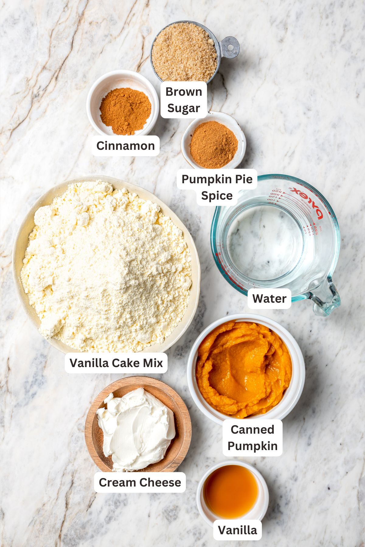 Overhead view of ingredients for pumpkin cupcakes with labels