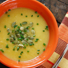 Roasted acorn squash with sauteed leeks topped with pepitas and chopped chives. Leeks are reminiscent of shallots but sweeter and more subtle, a perfect compliment to winter squash. If you like Potato Leek Soup, I think you will love this soup.