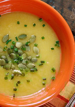 Roasted acorn squash with sauteed leeks topped with pepitas and chopped chives. Leeks are reminiscent of shallots but sweeter and more subtle, a perfect compliment to winter squash. If you like Potato Leek Soup, I think you will love this soup.