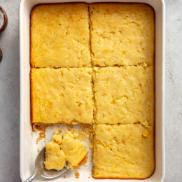Lightened-up corn casserole made with Greek yogurt — healthy holiday side dish.