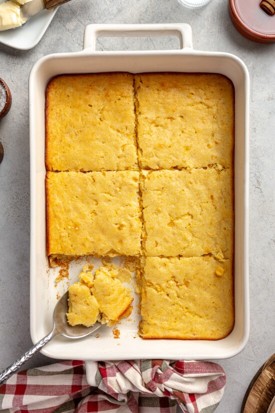 Lightened-up corn casserole made with Greek yogurt — healthy holiday side dish.