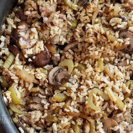 Brown rice stuffing made with Italian chicken sausage, celery, mushrooms, and onions. Serve this as a Thanksgiving side dish or you can even enjoy this as a meal. It's so good and naturally gluten free!