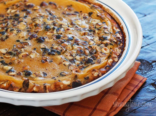 Pumpkin Hazelnut Flaugnarde (Clafoutis) – A warm rustic pumpkin custard sweetened with agave and baked with toasted hazelnuts.