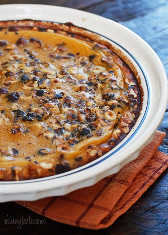 Pumpkin Hazelnut Flaugnarde (Clafoutis) – A warm rustic pumpkin custard sweetened with agave and baked with toasted hazelnuts.