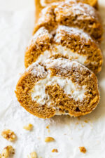 This classic pumpkin roll recipe is made lighter than traditional recipes with a delicious pumpkin spiced sponge cake and a light cream cheese filling.
