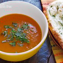 Coconut milk, cumin, garam masala, curry powder and cilantro balance the sweetness of the roasted red kuri squash, creating this aromatic Indian inspired soup. Serve this with a piece of garlic naan and you have yourself a meal.