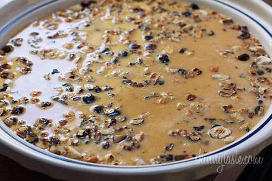 Pumpkin Hazelnut Flaugnarde (Clafoutis) – A warm rustic pumpkin custard sweetened with agave and baked with toasted hazelnuts.