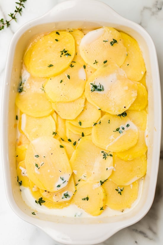 This Scalloped Potato Gratin recipe made with thinly sliced Yukon gold potatoes layered with cheese and a light buttery sauce is my favorite holiday side dish!
