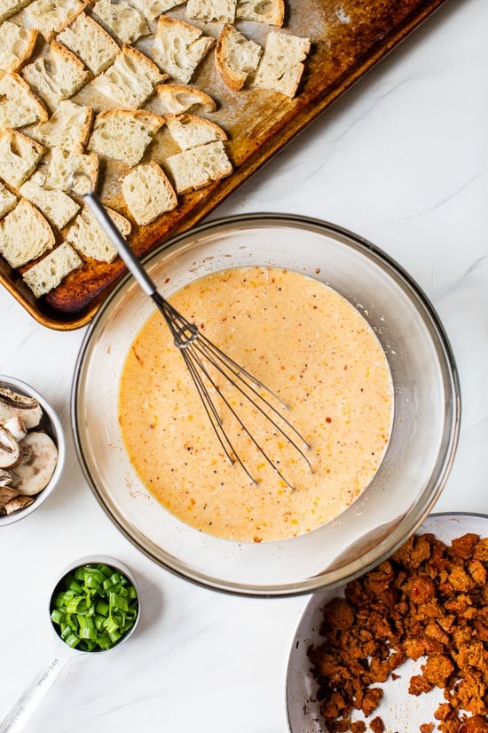 eggs, day old bread, sausage and mushrooms