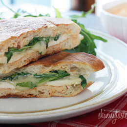 There's only one word to describe this hot grilled chicken panini with arugula, melted provolone and chipotle mayonnaise... dee-licious!
