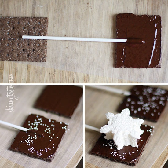 Smores Pops – Chocolate graham crackers coated with melted chocolate and marshmallows on a stick. A fabulous winter treat whether you want to make them as favors or just have fun making them with the kids.