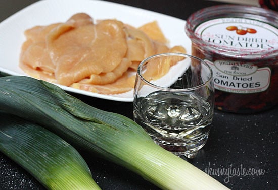 Thin sliced chicken cutlets sauteed in a white wine sauce with leeks and sun-dried tomatoes. Dinner in less than 20 minutes!