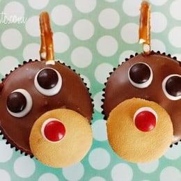 Red velvet yogurt cupcakes topped with a chocolate glaze. These festive reindeer cupcakes are easy to make perfect for a Holiday party!