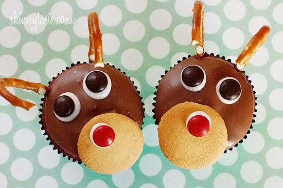 Red velvet yogurt cupcakes topped with a chocolate glaze. These festive reindeer cupcakes are easy to make perfect for a Holiday party!
