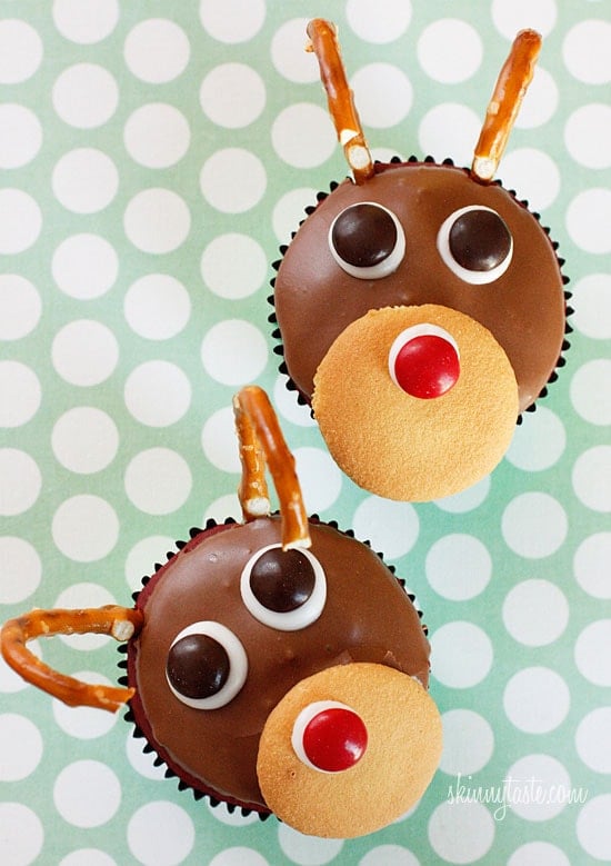 Red velvet yogurt cupcakes topped with a chocolate glaze. These festive reindeer cupcakes are easy to make perfect for a Holiday party!