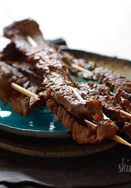 Thin strips of grilled flank steak marinated with lime juice, ginger, garlic, sesame oil and soy sauce. These skewers disappear quickly at every gathering, so you may want to make a lot!