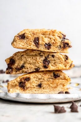 Stack of 3 chocolate chip scones on plate