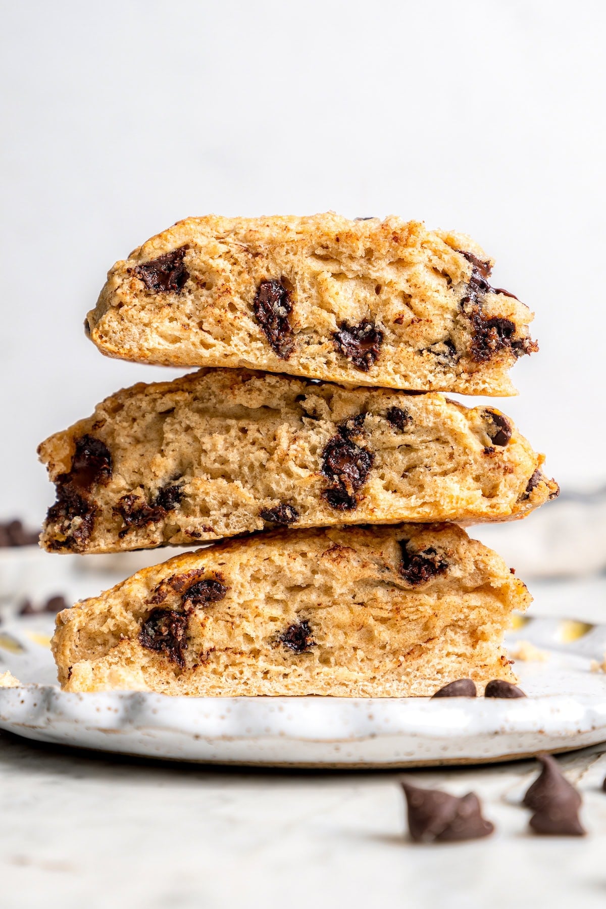 Stack of 3 chocolate chip scones on plate