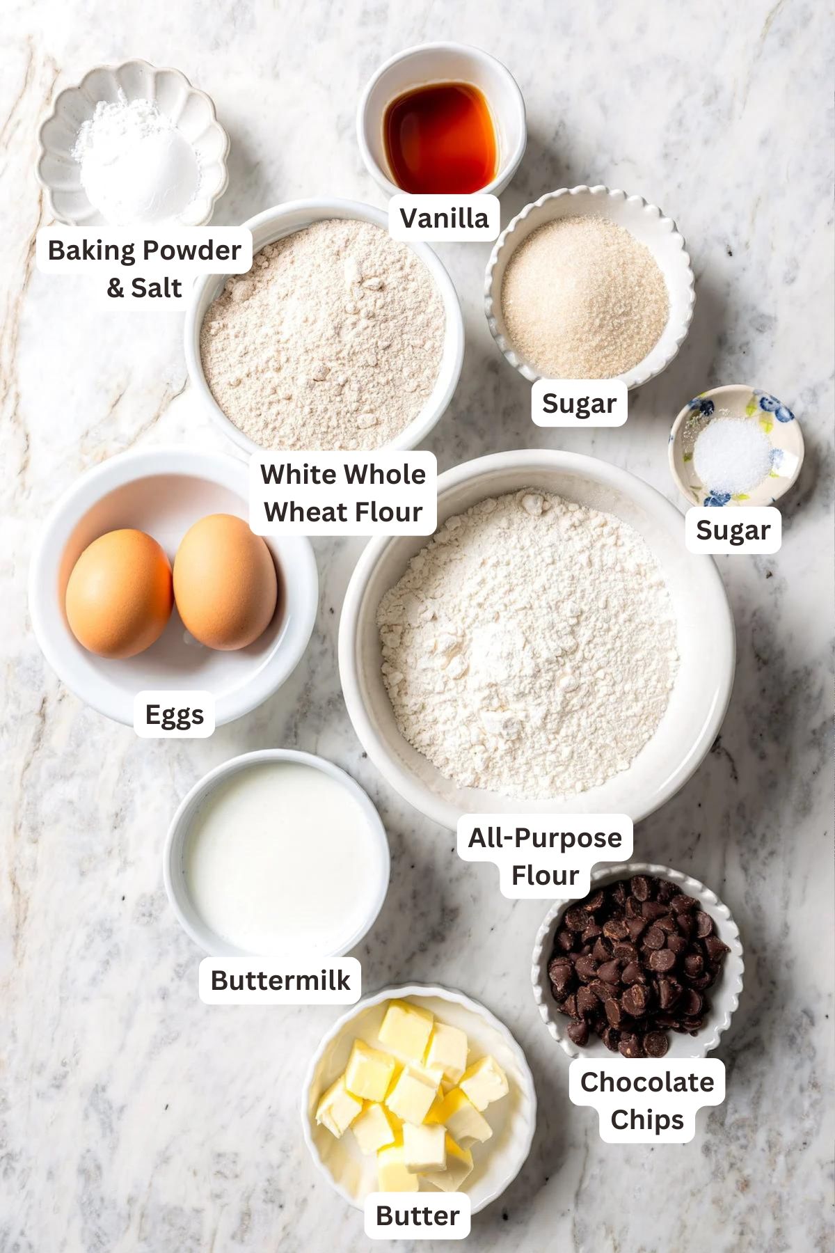 Overhead view of ingredients for chocolate chip scones