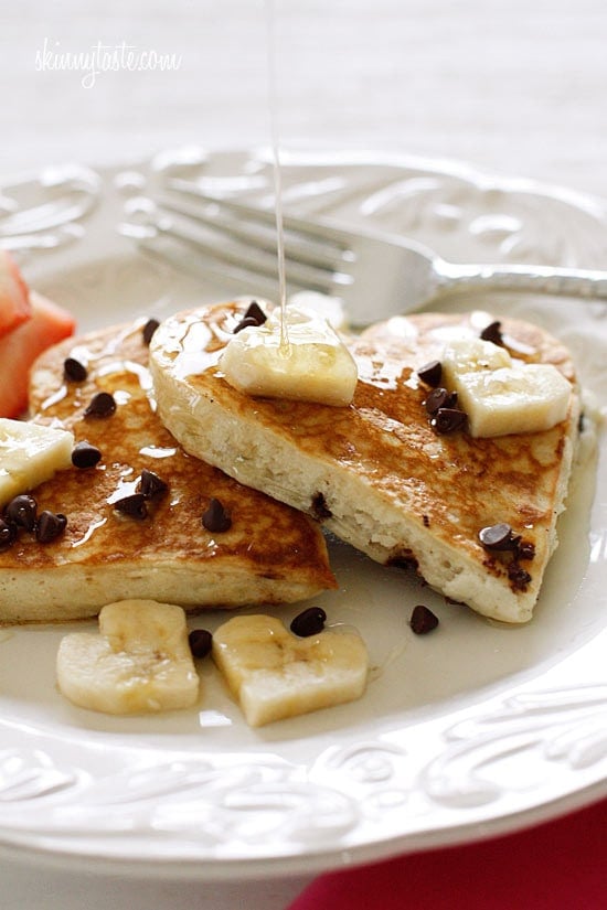 Valentine's Day is coming up and I can't think of a better way to start the morning than with these fabulous light and fluffy Chocolate Chip Banana Pancakes!